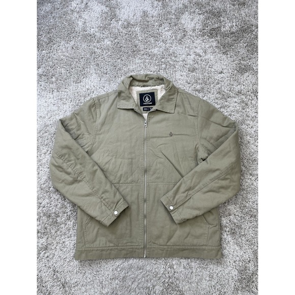 Volcom Jacket Mens Medium Olive Green Sherpa Lined Zip Front Cotton Canvas Logo - Picture 1 of 13